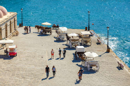 Chania, Crete - 23 Maj, 2016: View of the old port of Chania on Crete, Greece. Chania is the second largest city of Crete.のeditorial素材