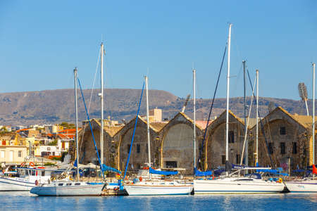 Chania, Crete - 23 Maj, 2016: View of the old port of Chania on Crete, Greece. Chania is the second largest city of Crete.のeditorial素材