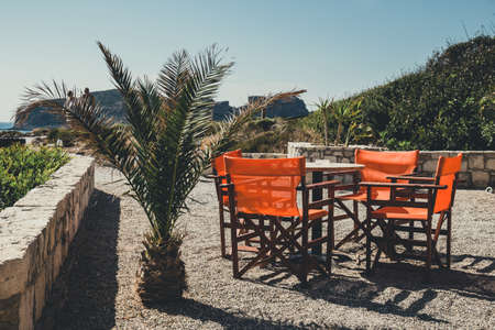 Empty greek cafe on Crete Island, Greeceの写真素材