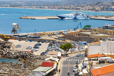 Rethymno, Crete - 27 Maj, 2016 : Cityscape of the old venetian harbor in Rethymno, Greece