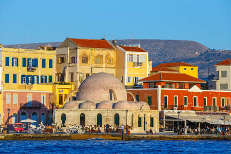 Chania, Crete - 23 Maj, 2016: View of the old port of Chania on Crete, Greece. Chania is the second largest city of Crete.のeditorial素材
