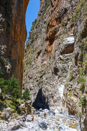 Samaria Gorge, Grece - MAY 26, 2016: Tourists hike in Samaria Gorge in central Crete, Greece. The national park is a UNESCO Biosphere Reserve since 1981のeditorial素材