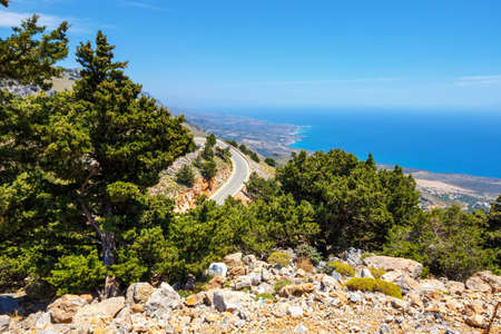 curvy road near Chora Sfakion town on Crete, Greeceの写真素材