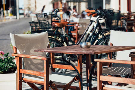 Empty greek cafe on Crete Island, Greeceの写真素材