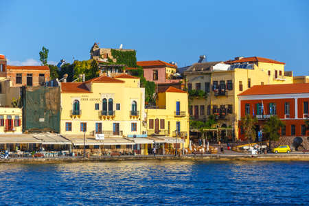 Chania, Crete - 25 Maj, 2016: Morning view of the old port of Chania on Crete, Greece. Chania is the second largest city of Crete.のeditorial素材