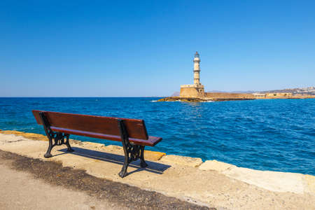 View of the old port and Lighthouse in Chania, Crete, Greeceの写真素材