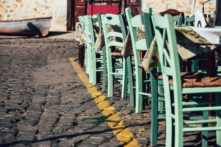 Empty greek cafe on Crete Island, Greeceの写真素材