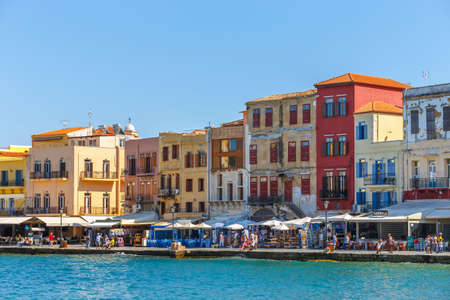 Chania, Crete - 25 Maj, 2016: View of the old port in Chania, Greece. Chania is the second largest city of Crete.のeditorial素材