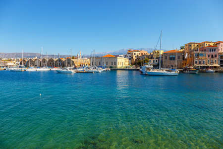 View of the old harbor in Chania, Greeceの写真素材