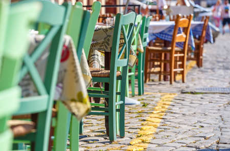 Empty greek cafe on Crete Island, Greeceの写真素材