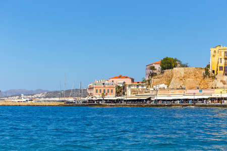 Chania, Crete - 23 Maj, 2016: View of the old harbor of Chania on Crete, Greece. Chania is the second largest city of Crete.のeditorial素材