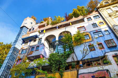 VIENNA, AUSTRIA - October 14, 2016: Facade of Huntdertwarsser house in Vienna. The Hundertwasser House is one of Vienna's most visited buildings and has become part of Austria's cultural heritageのeditorial素材