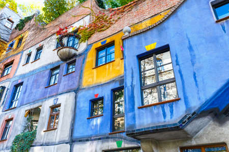 VIENNA, AUSTRIA - October 14, 2016: Facade of Huntdertwarsser house in Vienna. The Hundertwasser House is one of Vienna's most visited buildings and has become part of Austria's cultural heritageのeditorial素材
