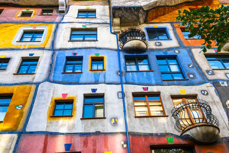 VIENNA, AUSTRIA - October 14, 2016: Facade of Huntdertwarsser house in Vienna. The Hundertwasser House is one of Vienna's most visited buildings and has become part of Austria's cultural heritageのeditorial素材