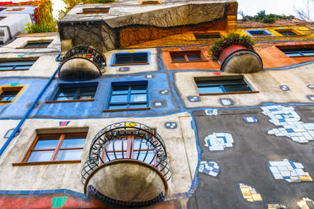 VIENNA, AUSTRIA - October 14, 2016: Facade of Huntdertwarsser house in Vienna. The Hundertwasser House is one of Vienna's most visited buildings and has become part of Austria's cultural heritageのeditorial素材