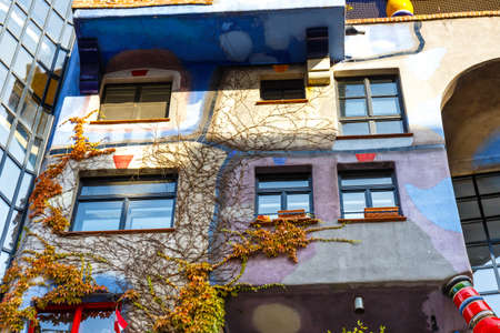 VIENNA, AUSTRIA - October 14, 2016: Facade of Huntdertwarsser house in Vienna. The Hundertwasser House is one of Vienna's most visited buildings and has become part of Austria's cultural heritageのeditorial素材