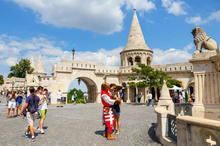 BUDAPEST, HUNGARY - July 24, 2014: Tourists on the Trinity Square near Fisherman's Bastion in Budapest, Hungaryのeditorial素材