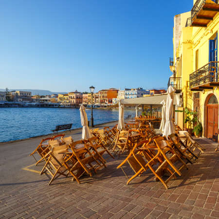 morning view of old harbor in Chania, Greeceのeditorial素材