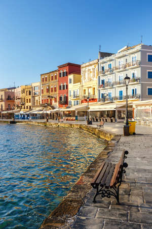 morning view of old harbor in Chania, Greeceの写真素材