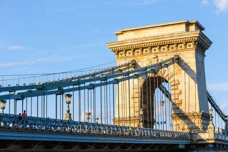 HUNGARY, BUDAPEST - JULY 23: Chain bridge is a suspension bridge that spans the River Danube between Buda and Pest on July 23, 2014 in Budapest.のeditorial素材