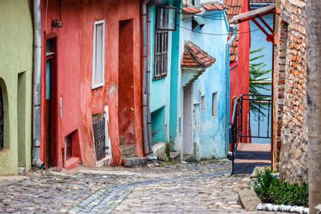 Medieval street view in Sighisoara, Romaniaの写真素材