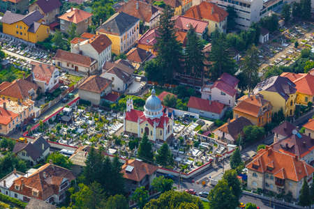Aerial view of the Old Town, Brasov, Transylvania, Romaniaの写真素材