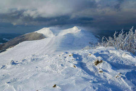 Winter mountain scenery in Bieszczady mountains, South Eastern Polandの写真素材