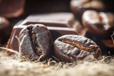 Close up of chocolate and coffee beans, shallow dof の写真素材
