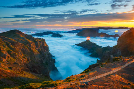 Beautiful sunset over the mountains, Madeira Island, Portugalの写真素材