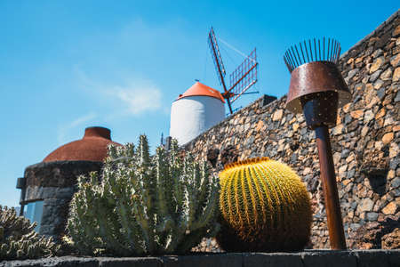 Windmill in tropical cactus garden in Guatiza village, popular attraction in Lanzarote, Canary islandsのeditorial素材
