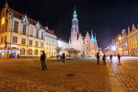 Wroclaw, Poland, January 27, 2016: Night view of Market Square and Town Hall in Wroclaw. Wroclaw is the largest city in western Poland and historical capital of Silesia.のeditorial素材