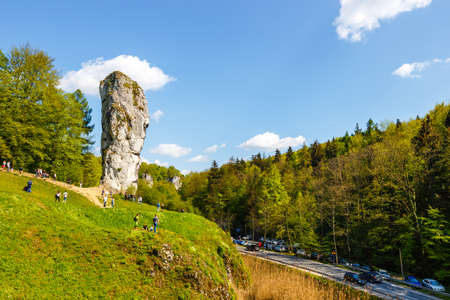 Pieskowa Skala, Poland, May 14, 2017: Limestone rock called Bludgeon of Hercules near Castle Pieskowa Skala, Krakow, Polandのeditorial素材