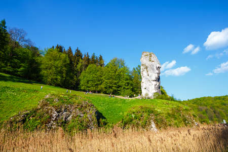 Pieskowa Skala, Poland, May 14, 2017: Limestone rock called Bludgeon of Hercules near Castle Pieskowa Skala, Krakow, Polandのeditorial素材