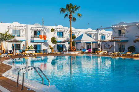 Corralejo, Fuerteventura, Spain, April 03, 2017: Swimming pool of the hotel complex Arena Hotel in Corralejo, Spainのeditorial素材