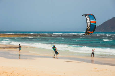 Corralejo, Fuerteventura, April 01, 2017: Unknown kitesurfers on a beach in Corralejo, Fuerteventura, Canary islands, Spainのeditorial素材