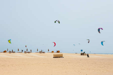 Corralejo, Fuerteventura, April 01, 2017: Unknown kitesurfers on a beach in Corralejo, Fuerteventura, Canary islands, Spainのeditorial素材