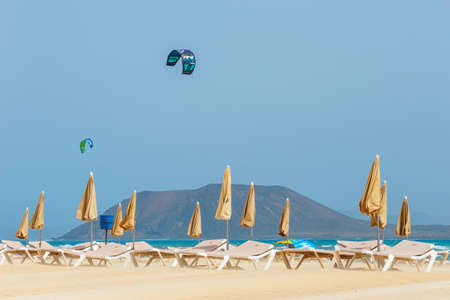 Corralejo, Fuerteventura, April 01, 2017: Unknown kitesurfers on a beach in Corralejo, Fuerteventura, Canary islands, Spainの写真素材