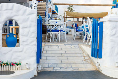 White and blue colors of traditional Greek tavern. Crete Island, Greeceのeditorial素材