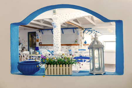 white and blue colors, Greek style architectural detailsの写真素材