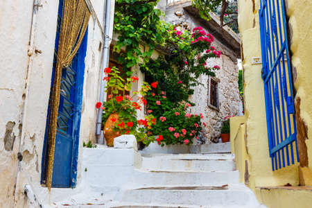 Narrow street in the village of Kritsa near Agios Nikolaos, Crete, Greeceの写真素材
