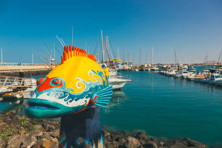 Corralejo, Fuertevetura Island, Spain - April 01, 2017: fish sculpture in Corralejo port, one of the symbols of Fuerteventuraのeditorial素材