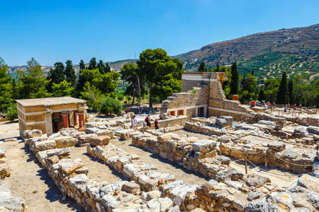 Knossos, Crete, June 10, 2017: Scenic ruins of the Minoan Palace of Knossos. Knossos palace is the largest Bronze Age archaeological site on Crete of the Minoan civilization and cultureのeditorial素材
