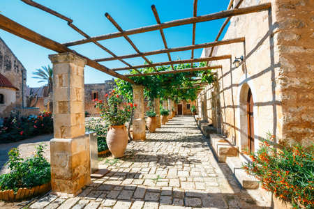 The courtyard of Arkadi Monastery on Crete island, Greeceの写真素材