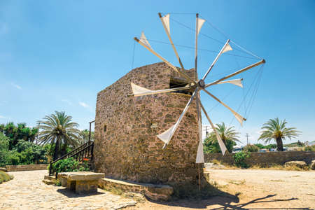 Old stone windmill near the monastery Toplou, Crete island in Greeceの写真素材