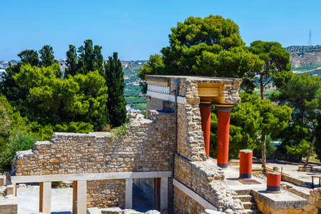 Knossos, Crete, June 10, 2017: Scenic ruins of the Minoan Palace of Knossos. Knossos palace is the largest Bronze Age archaeological site on Crete of the Minoan civilization and cultureのeditorial素材