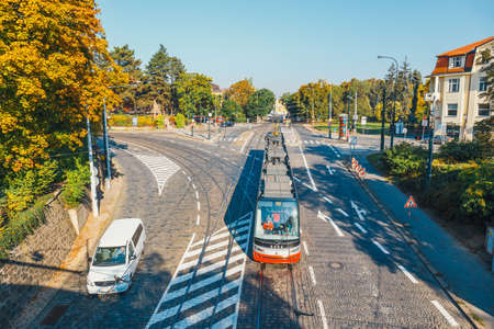 Prague, Czech Republic, September 29, 2017: Red tram goes on old town in Prague. Prague's major public transport operator is The Capital City of Prague Transport Company, Czech Republicのeditorial素材