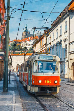 Prague, Czech Republic, September 29, 2017: Red tram goes on old town in Prague. Prague's major public transport operator is The Capital City of Prague Transport Company, Czech Republicのeditorial素材