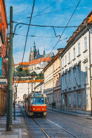 Prague, Czech Republic, September 29, 2017: Red tram goes on old town in Prague. Prague's major public transport operator is The Capital City of Prague Transport Company, Czech Republicのeditorial素材