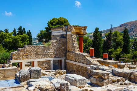 Knossos, Crete, June 10, 2017: Scenic ruins of the Minoan Palace of Knossos. Knossos palace is the largest Bronze Age archaeological site on Crete of the Minoan civilization and cultureのeditorial素材