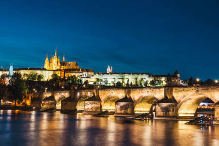 view of historical center of Prague durin beautiful sunset with castle, Hradcany, Czech Republicの写真素材